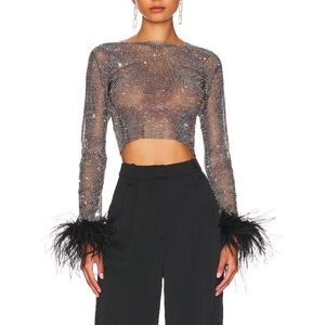 Santa Brands Rhinestone Hotfix Crystal Feathers Top in Black